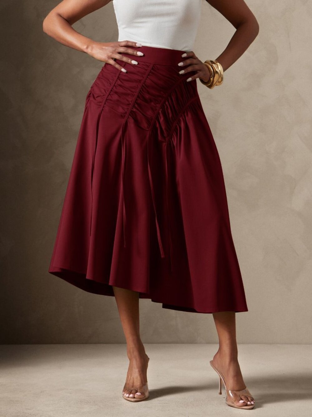 Burgundy Casual Women's Lightweight Woven Gathered High Waist Midi Skirt